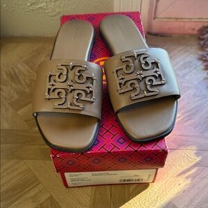 Tory Burch Leather Logo Slide Sandals in Taupe